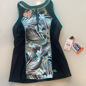 Small, blue, black, and white scuba/swim top.